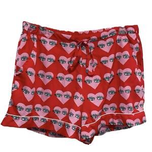 Whimsical Bouffants & Broken Hearts Eye Satin Pajama Shorts Size Large Red Pink
